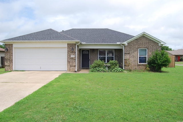 148 Peach St, Austin, AR 72007 - ranch-style house featuring a front yard, brick siding, an attached garage, and a shingled roof
