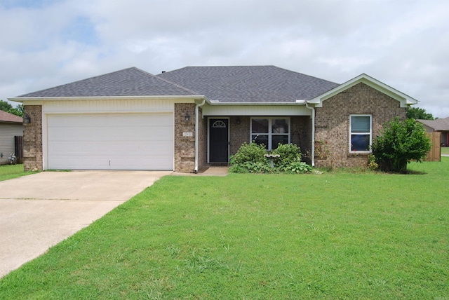 148 Peach St, Austin, AR 72007 - ranch-style home featuring a front yard, a garage, driveway, brick siding, and roof with shingles