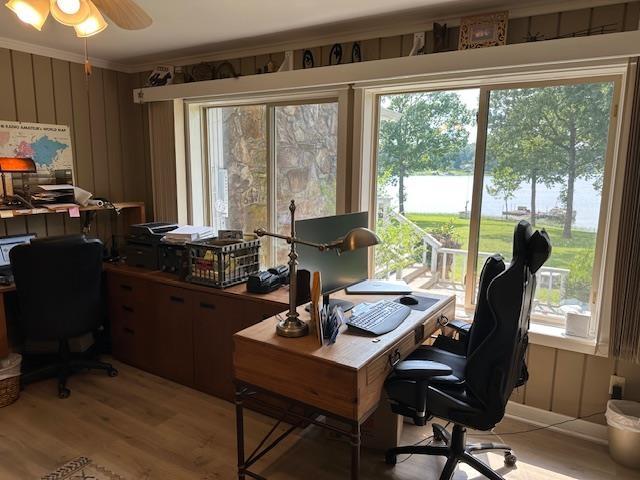 1803 Fairwater Cir, Horseshoe Bend, AR 72512 - home office featuring crown molding, a ceiling fan, and light wood-style floors