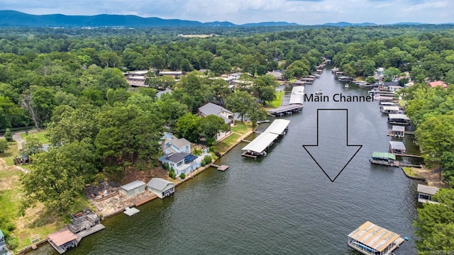 aerial view of a water and mountain view and a heavily wooded area
