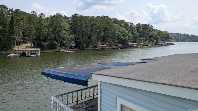 dock area featuring a water view and a view of trees