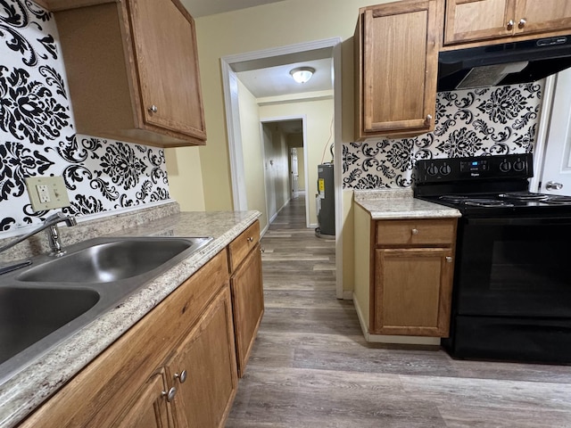 1316-1318 W 13th St, Little Rock, AR 72202 - kitchen featuring black electric range, under cabinet range hood, wood finished floors, backsplash, and light countertops