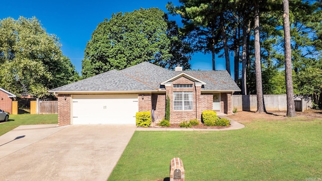 1715 Drury Ln, Conway, AR 72034 - ranch-style home featuring concrete driveway, an attached garage, brick siding, a shingled roof, and a chimney