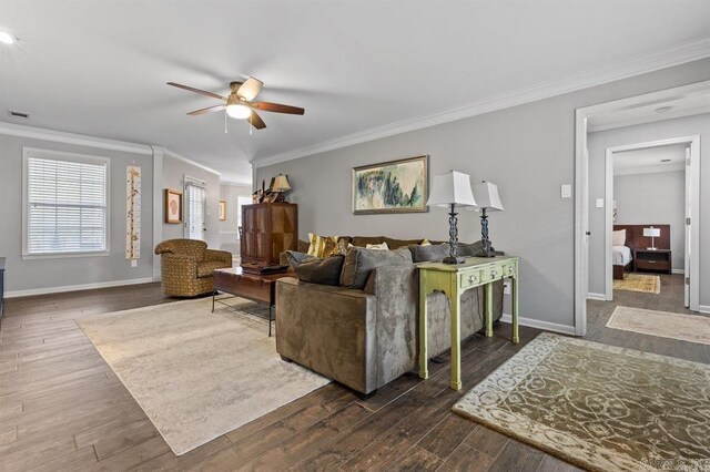 9 Westoak Cir, Little Rock, AR 72223 - living room featuring a ceiling fan, ornamental molding, baseboards, and dark wood-style flooring