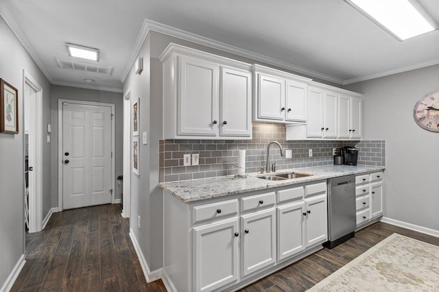 9 Westoak Cir, Little Rock, AR 72223 - kitchen featuring a sink, dishwasher, baseboards, dark wood-style flooring, and ornamental molding