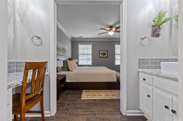 9 Westoak Cir, Little Rock, AR 72223 - bedroom featuring ornamental molding, dark wood-style flooring, baseboards, and a ceiling fan