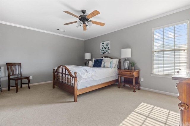 9 Westoak Cir, Little Rock, AR 72223 - bedroom featuring light carpet, ornamental molding, baseboards, and a ceiling fan