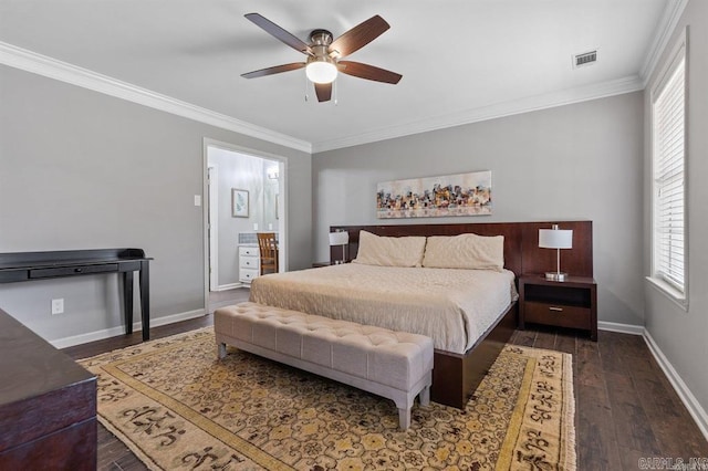 9 Westoak Cir, Little Rock, AR 72223 - bedroom with dark wood-style floors, crown molding, baseboards, a ceiling fan, and connected bathroom