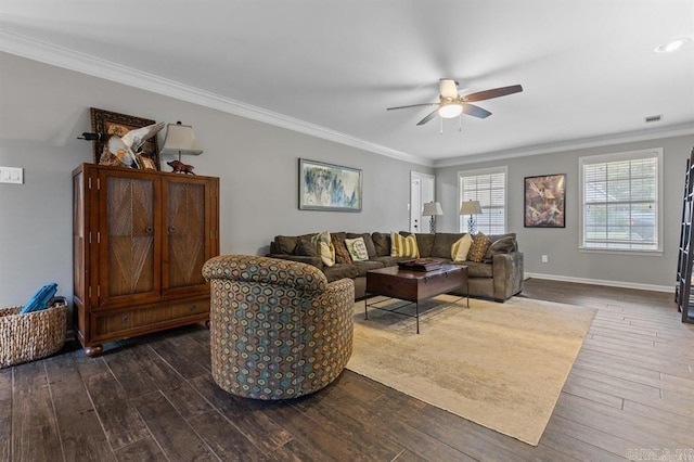 9 Westoak Cir, Little Rock, AR 72223 - living room featuring a ceiling fan, dark wood finished floors, ornamental molding, and baseboards