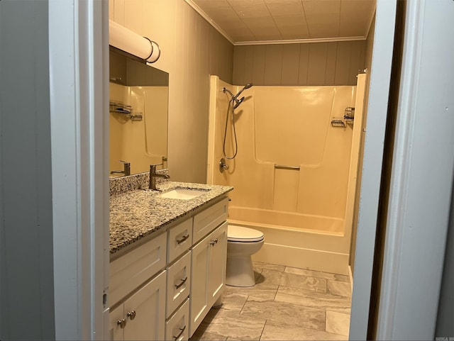 2411 Broadview Ave, Conway, AR 72034 - full bathroom featuring vanity, toilet, shower / tub combination, ornamental molding, and marble look tiles