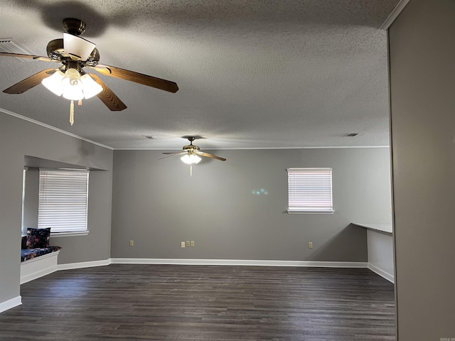 2411 Broadview Ave, Conway, AR 72034 - unfurnished room with dark wood-style floors, healthy amount of natural light, crown molding, ceiling fan, and a textured ceiling