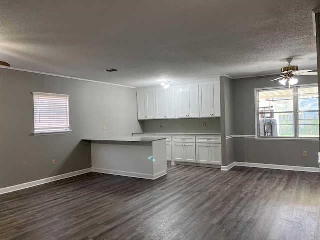 2411 Broadview Ave, Conway, AR 72034 - kitchen featuring ceiling fan, dark wood-type flooring, white cabinetry, a textured ceiling, and baseboards