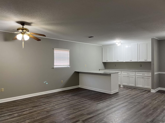 2411 Broadview Ave, Conway, AR 72034 - kitchen with a textured ceiling, dark wood-type flooring, white cabinetry, a peninsula, and a ceiling fan