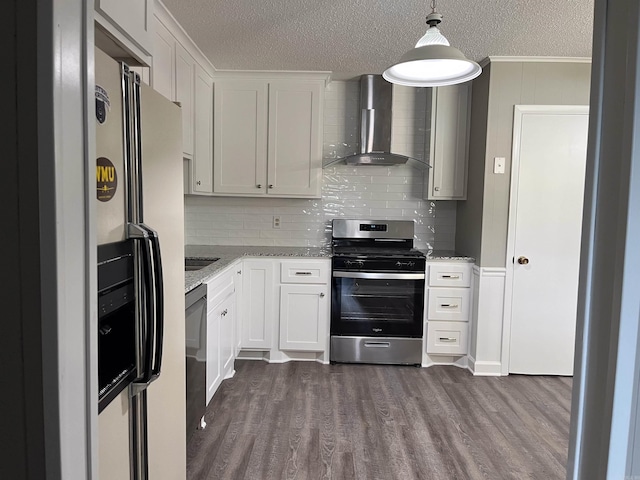 2411 Broadview Ave, Conway, AR 72034 - kitchen with wall chimney range hood, appliances with stainless steel finishes, dark wood-style flooring, light stone counters, and backsplash