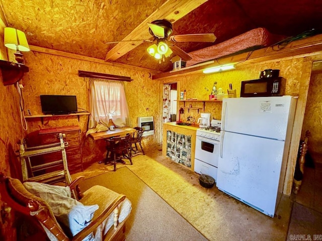 1169 Liberty Rd, Leslie, AR 72645 - kitchen featuring white appliances, heating unit, carpet floors, and a ceiling fan