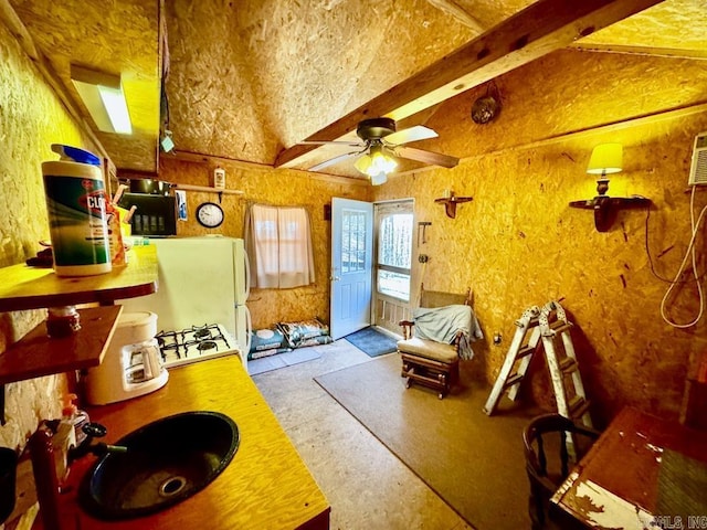 1169 Liberty Rd, Leslie, AR 72645 - kitchen featuring vaulted ceiling, a ceiling fan, a sink, and carpet flooring