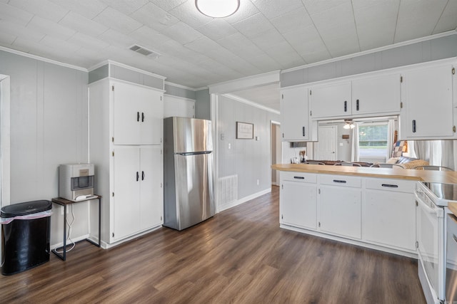 508 W Bell, Sheridan, AR 72150 - kitchen with freestanding refrigerator, ornamental molding, dark wood-style flooring, white cabinetry, and white range with electric cooktop