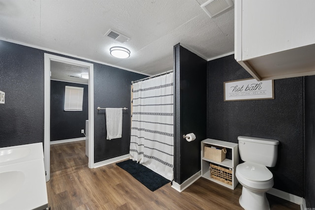 508 W Bell, Sheridan, AR 72150 - bathroom with a textured wall, wood finished floors, toilet, a textured ceiling, and double vanity