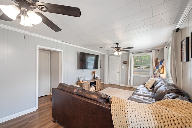 508 W Bell, Sheridan, AR 72150 - living room with a ceiling fan, ornamental molding, wood finished floors, and baseboards