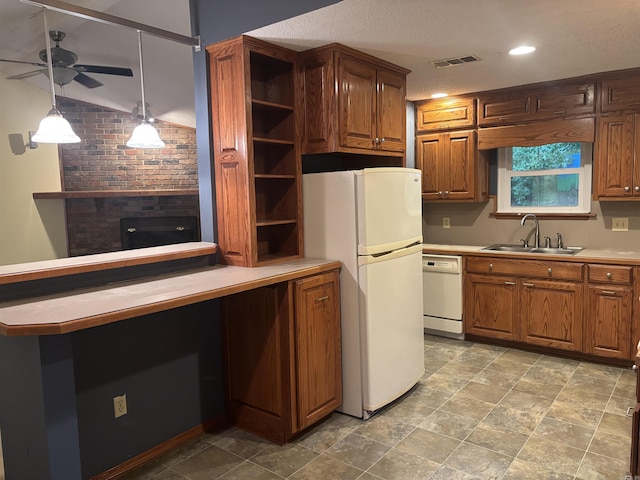 13 Page Cv, Maumelle, AR 72113 - kitchen featuring white appliances, a sink, open shelves, light countertops, and ceiling fan
