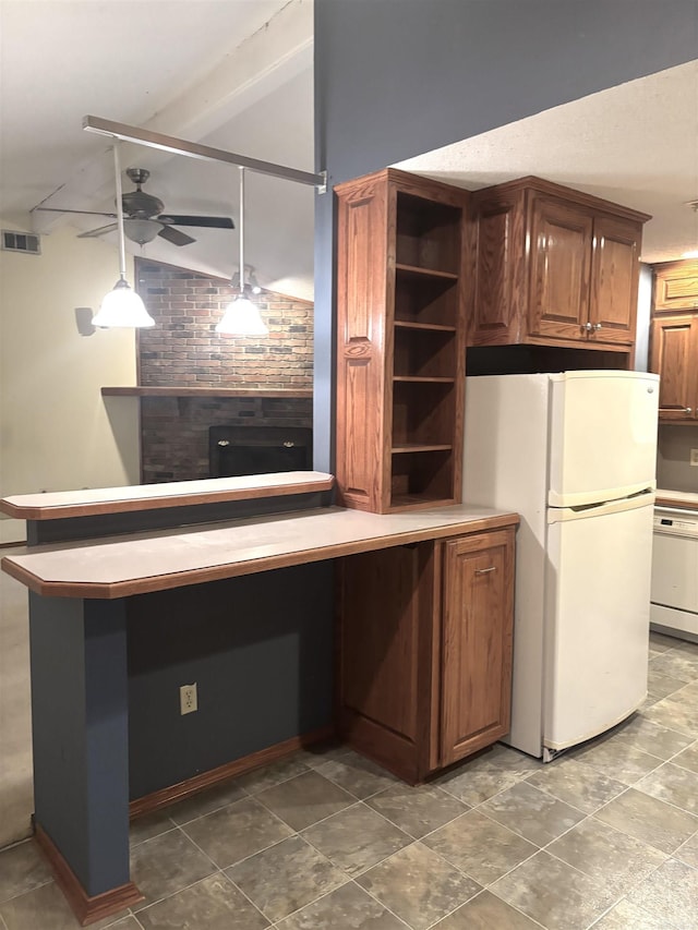 13 Page Cv, Maumelle, AR 72113 - kitchen with white appliances, open shelves, a ceiling fan, brown cabinetry, and light countertops