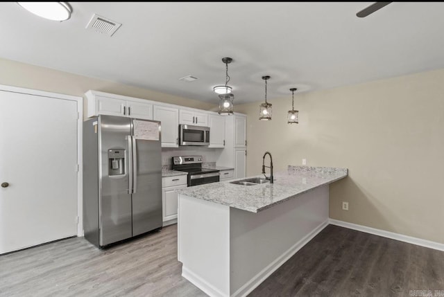610 E 33rd Ave, Pine Bluff, AR 71601 - kitchen with appliances with stainless steel finishes, a sink, a peninsula, white cabinetry, and light wood-style floors