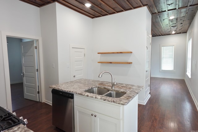 1365 Mitchell St, Conway, AR 72034 - kitchen with a sink, dishwasher, light stone countertops, dark wood-style flooring, and wood ceiling