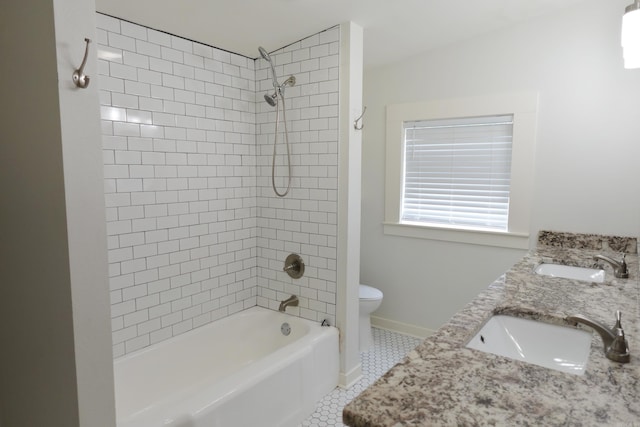 1365 Mitchell St, Conway, AR 72034 - bathroom with bathing tub / shower combination, toilet, double vanity, and tile patterned flooring