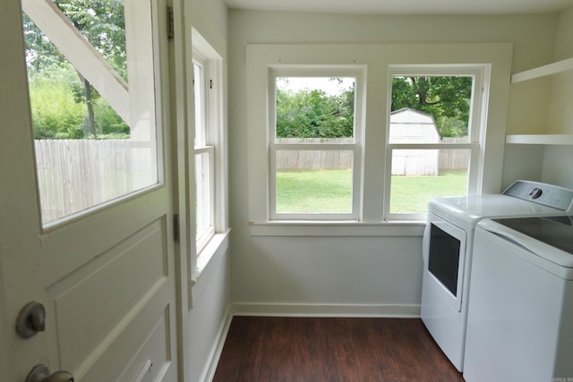 1365 Mitchell St, Conway, AR 72034 - laundry area featuring washing machine and dryer, dark wood finished floors, and baseboards