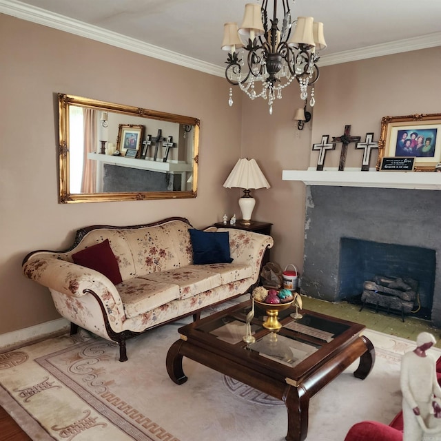 1401 S Schiller, Little Rock, AR 72202 - living room with a fireplace, crown molding, a chandelier, and baseboards