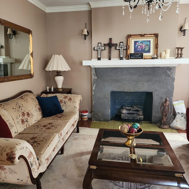 1401 S Schiller, Little Rock, AR 72202 - living area featuring a fireplace with flush hearth, crown molding, and a chandelier