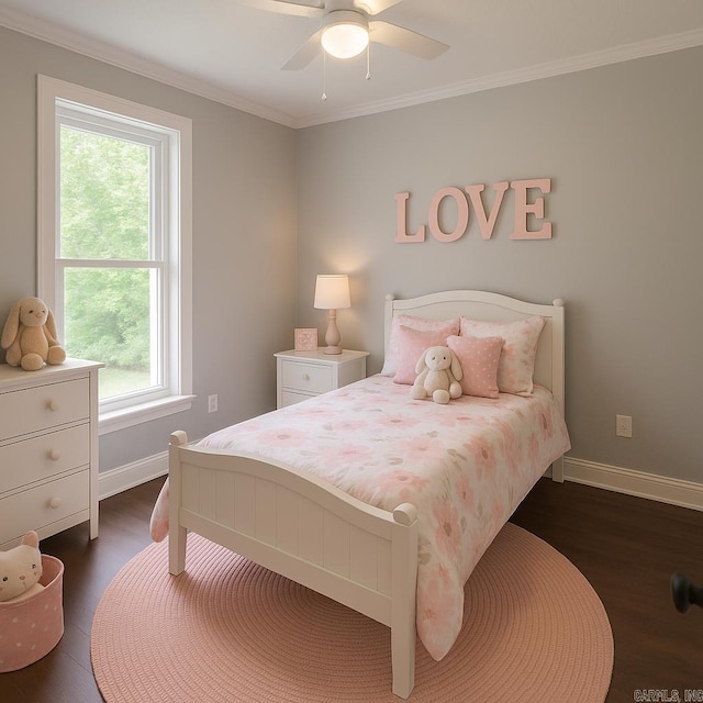 2715 Deer Xing, El Dorado, AR 71730 - bedroom featuring baseboards, crown molding, dark wood finished floors, and a ceiling fan