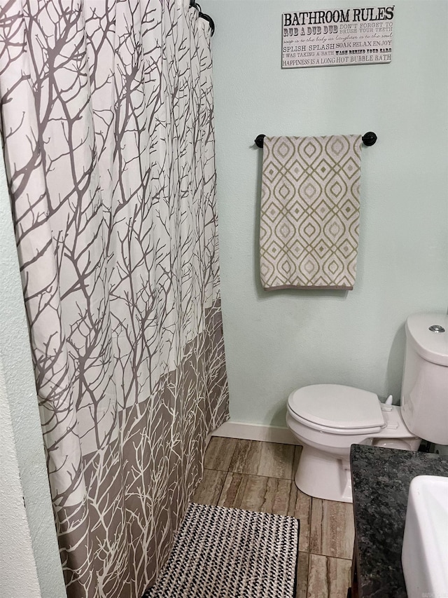 88 Cobblestone Rd, Plumerville, AR 72127 - bathroom featuring toilet, a sink, wood finish floors, and a shower with curtain