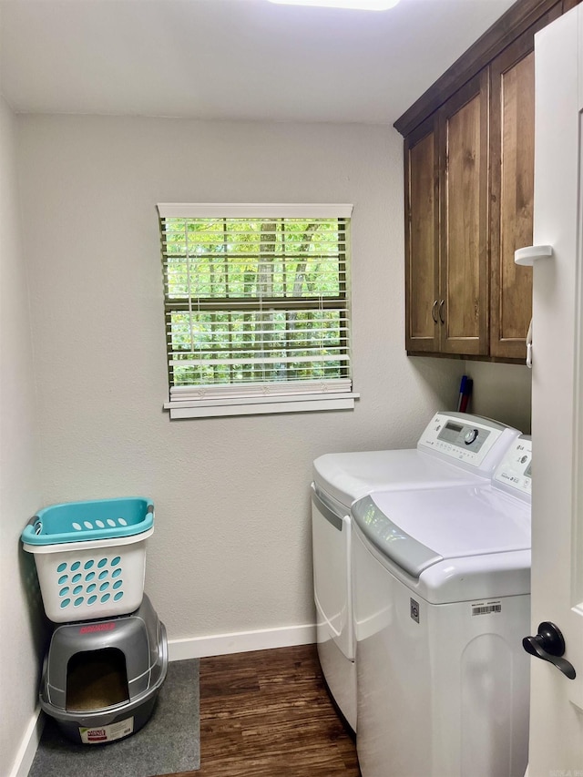 88 Cobblestone Rd, Plumerville, AR 72127 - laundry area with cabinet space, washer and dryer, baseboards, and dark wood-style floors