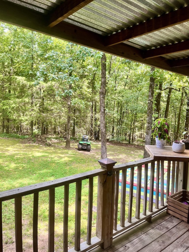88 Cobblestone Rd, Plumerville, AR 72127 - wooden terrace with a lawn and a forest view