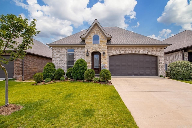 french country inspired facade with brick siding, a front lawn, a garage, and driveway