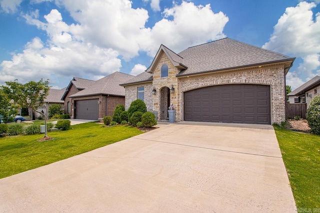 french country inspired facade with brick siding, a front lawn, a garage, and a shingled roof