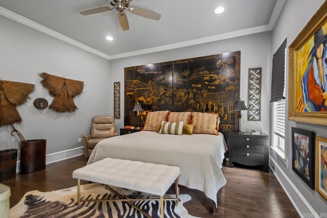 bedroom featuring ornamental molding, baseboards, wood finished floors, recessed lighting, and ceiling fan