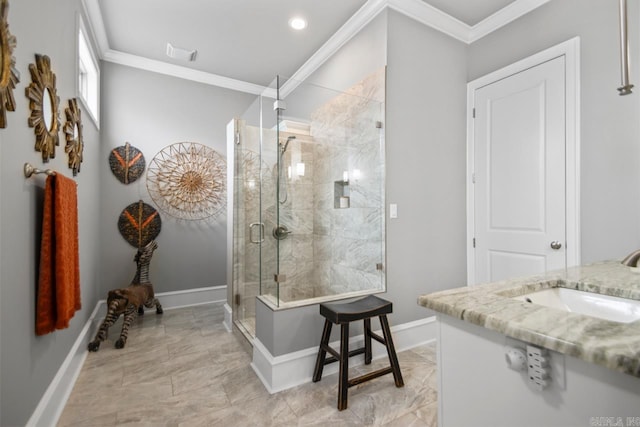 bathroom featuring ornamental molding, baseboards, a shower stall, vanity, and recessed lighting