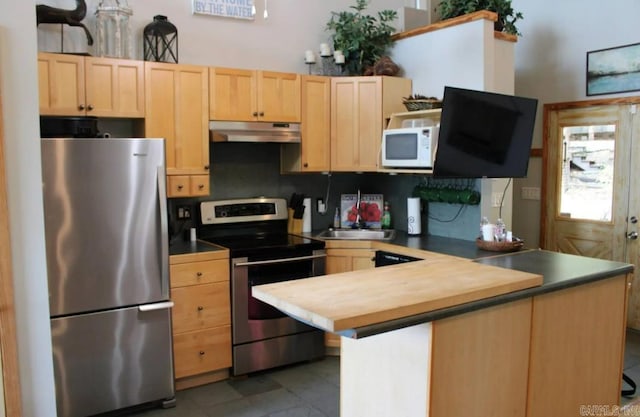 24 Roberts Rd, Edgemont, AR 72044 - kitchen with stainless steel appliances, light brown cabinets, under cabinet range hood, butcher block counters, and a peninsula