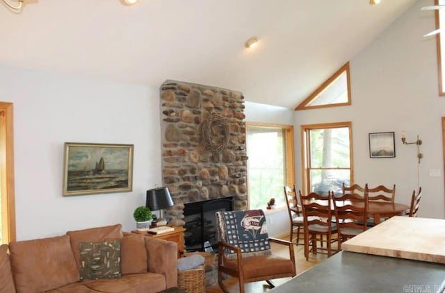 24 Roberts Rd, Edgemont, AR 72044 - living room with a stone fireplace, wood finished floors, and high vaulted ceiling