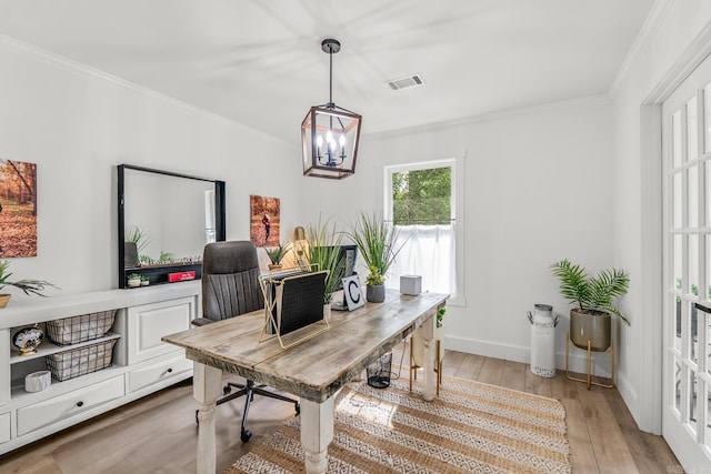 14320 Bradley Rd, Maumelle, AR 72113 - office with ornamental molding, a chandelier, light wood-type flooring, and baseboards