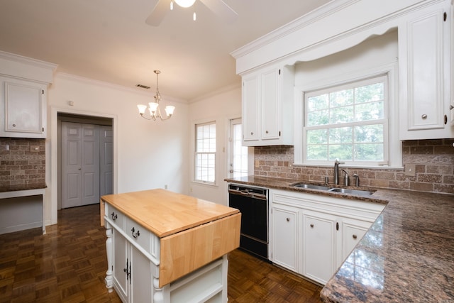 11 Bradbury Dr, Little Rock, AR 72212 - kitchen featuring black dishwasher, wood counters, a sink, white cabinets, and ceiling fan