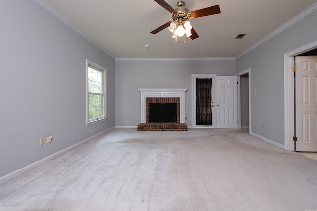 11 Bradbury Dr, Little Rock, AR 72212 - unfurnished living room featuring crown molding, light colored carpet, a ceiling fan, baseboards, and a brick fireplace