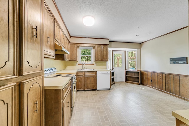 17 Point S Ct, Little Rock, AR 72211 - kitchen featuring white appliances, under cabinet range hood, a sink, a textured ceiling, and light countertops