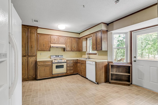 17 Point S Ct, Little Rock, AR 72211 - kitchen with white appliances, under cabinet range hood, light countertops, brick patterned floors, and brown cabinetry