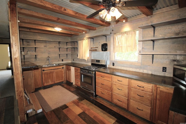 803 Reeder Rd, Leola, AR 72084 - kitchen with open shelves, appliances with stainless steel finishes, a sink, dark wood-style floors, and beam ceiling