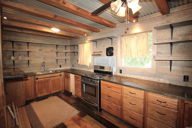 803 Reeder Rd, Leola, AR 72084 - kitchen featuring open shelves, stainless steel gas range, a sink, dark countertops, and beamed ceiling