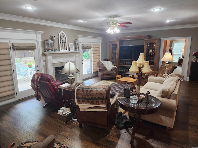 3165 Majestic Cir, Conway, AR 72034 - living room featuring ceiling fan, hardwood / wood-style flooring, a premium fireplace, ornamental molding, and recessed lighting