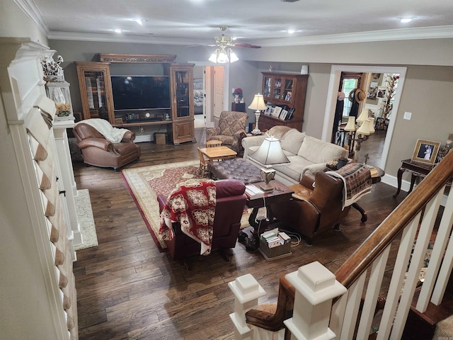 3165 Majestic Cir, Conway, AR 72034 - living area with wood finished floors, ceiling fan, and crown molding